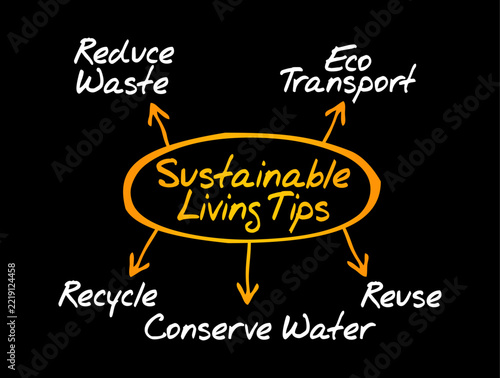 SUSTAINABLE LIVING TIPS diagram explaining reduce waste, eco transport, recycle, conserve water, and reuse principles for environmental protection, eco-friendly lifestyle, and clean conservation.