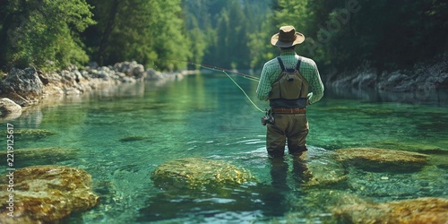 Man wearing hat fly-fishes in crystal clear green river surrounded by forest, standing knee-deep in water under dappled sunlight. Generative by AI.
