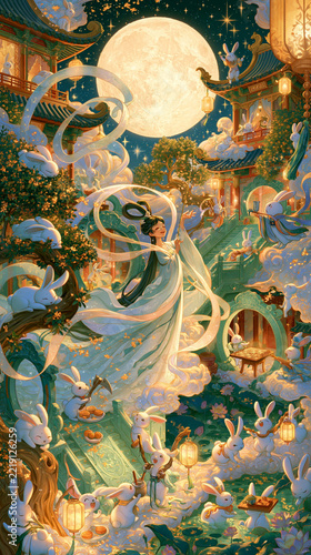 a Chineseinspired landscape at night. A woman in a flowing white dress, adorned with ornate headpieces, stands in the center of the scene.