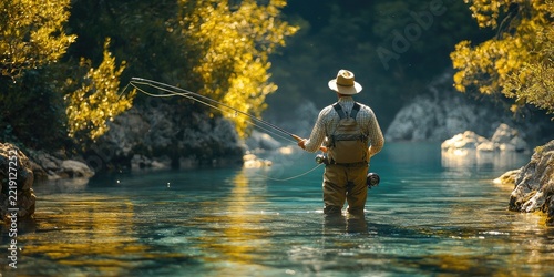 Man wearing hat fly-fishes in crystal clear green river surrounded by forest, standing knee-deep in water under dappled sunlight. Generative by AI.