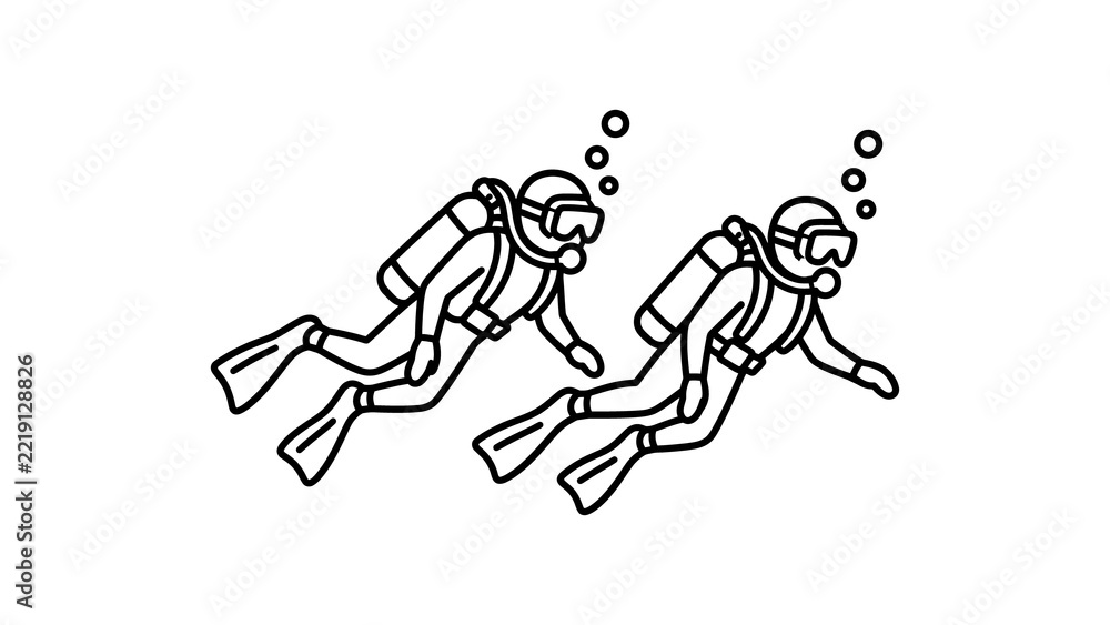 Fototapeta premium Two divers swimming underwater with bubbles in a simple line art style