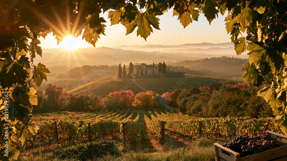 Fototapeta premium a picturesque vineyard at sunset. The sun casts a warm, golden hue over the landscape, illuminating the vineyard with its intricate details. The vineyard is bordered by rows of grapevines.