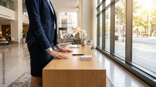 Woman in business suit stands at reception desk in modern lobby with large windows