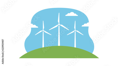 Wind turbines on a green hill under a blue sky representing Sustainable living  