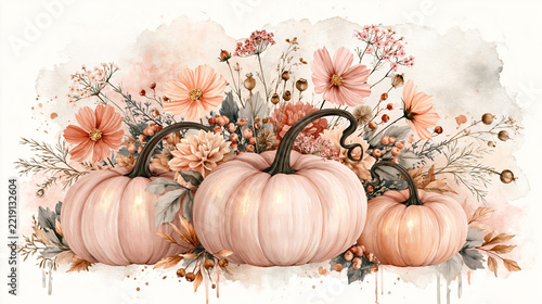 a floral arrangement with three large, pink pumpkins and smaller pumpkins. The pumpkins are intricately detailed with a glossy finish.