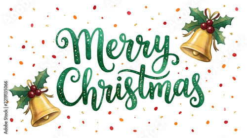 Watercolor merry christmas lettering with golden bells and holly berries on a white background merrychristmas holiday festive greeting calligraphy handlettering