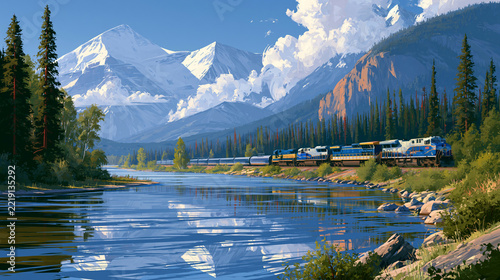 a train traveling through a mountainous landscape. The train, painted in blue and white, is the main subject. It travels along a winding river, surrounded by lush greenery and towering pine trees.
