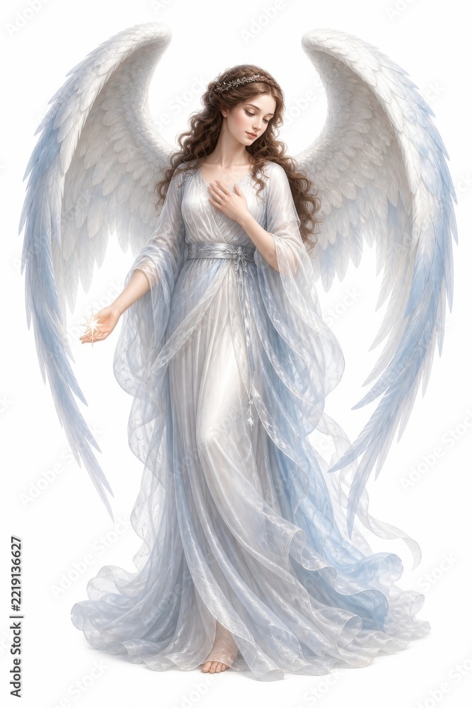 Fototapeta premium Graceful angel woman in flowing white gown with luminous wings