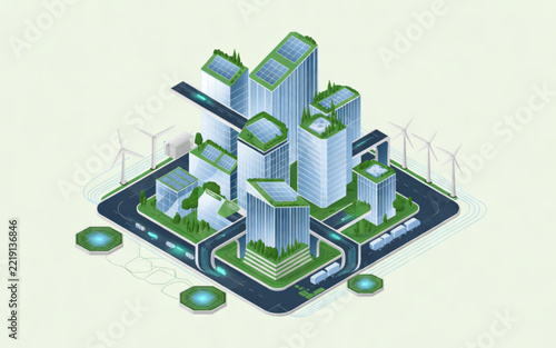 Isometric 3d illustration of a futuristic eco friendly green city with solar panels and wind turbines