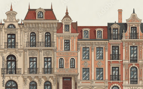 Row of traditional european historical buildings with ornate architectural details and vintage facades