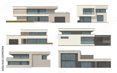 Set of modern residential house designs with flat roof architecture isolated on white background