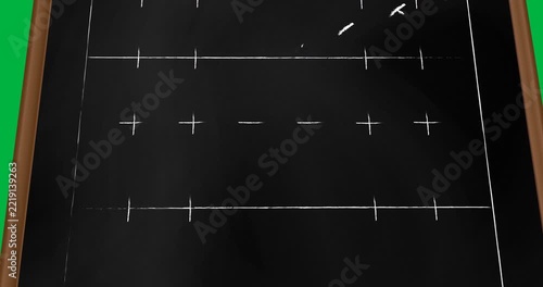 Animation of rugby field with strategy game plan tactic on chalkboard background