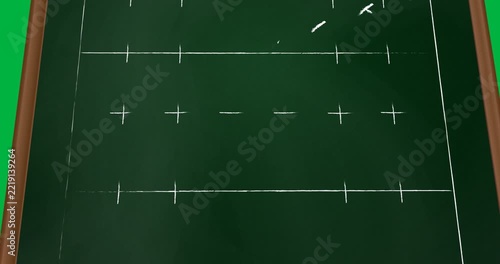 Animation of rugby field with strategy game plan tactic on chalkboard background