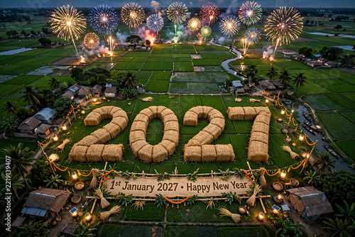 Conceptual illustration of 1st January 2027 Happy New Year celebration with straw bales forming 2027 in paddy field