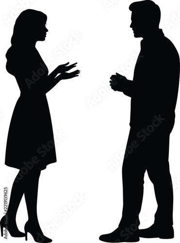 Silhouette of a man and a woman talking together isolated on a white background