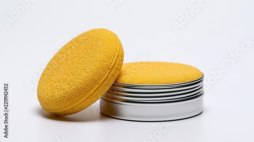 Isolated Carnauba Car Wax Tin and Sponge White Surface Presentat