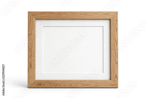 Wooden picture frame with white mat on white background