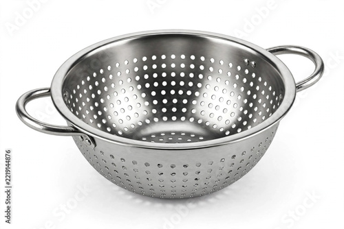 Metal colander strainer on white background
