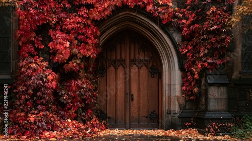 A massive carved wooden door stands beneath a pointed stone arch surrounded by fading red ivy, with a thin layer of fallen leaves resting across the threshold after autumn rain