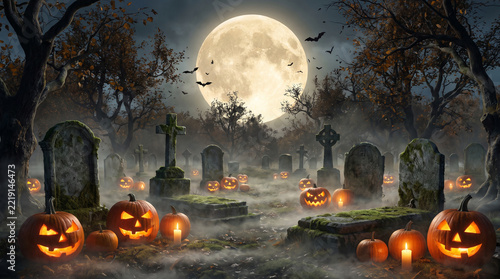Cemetery graveyard glows eerily with carved jack o lanterns under a massive harvest moon.