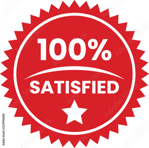 100% satisfied red badge or stamp icon with a star, vector illustration for customer feedback, quality assurance, and guarantee labels