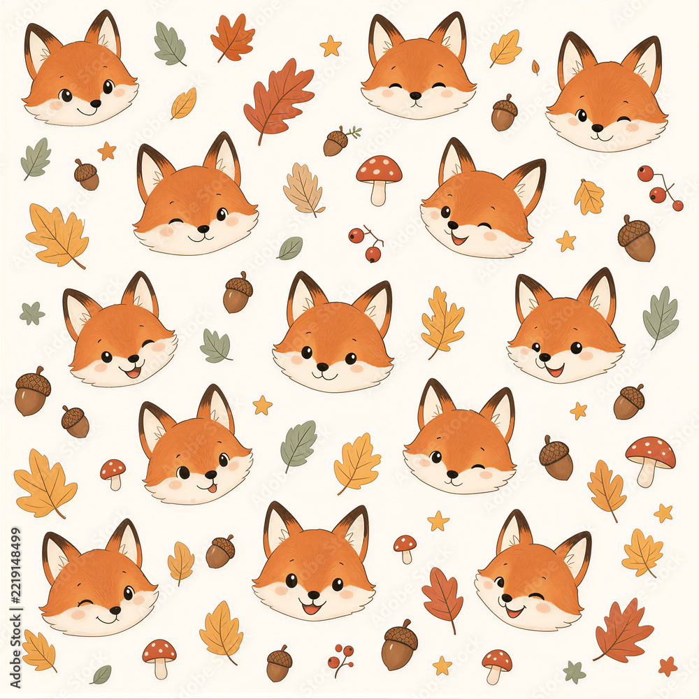 Naklejka premium Cute Kawaii Fox Head Seamless Pattern with Autumn Leaves and Acorns