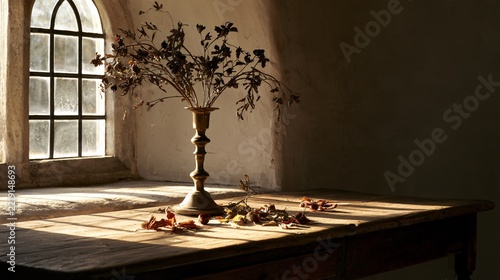 An antique wooden table beneath an arched window creates a restrained gothic still life with dried dark flowers, one brass candlestick, scattered chestnut leaves
