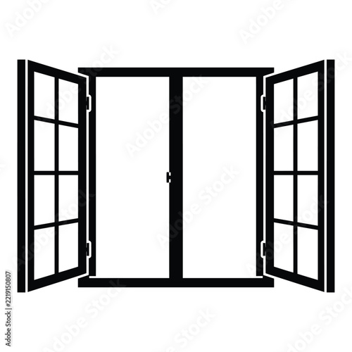 Open window icon with classic pane design, simple black silhouette illustration of a casement window frame