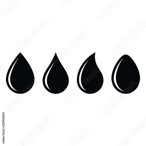 Set of four different black water drops or teardrop icons