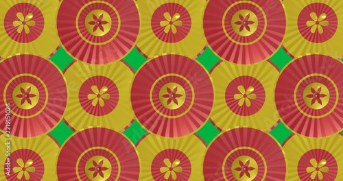 Animation of rotating red and gold chinese umbrellas on transparent background