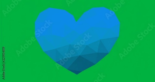 On start 3D blue heart spinning revealing poly facets showing geometry with transparent background