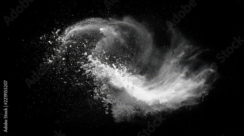 Macro chalk explosion with flying dust on black background