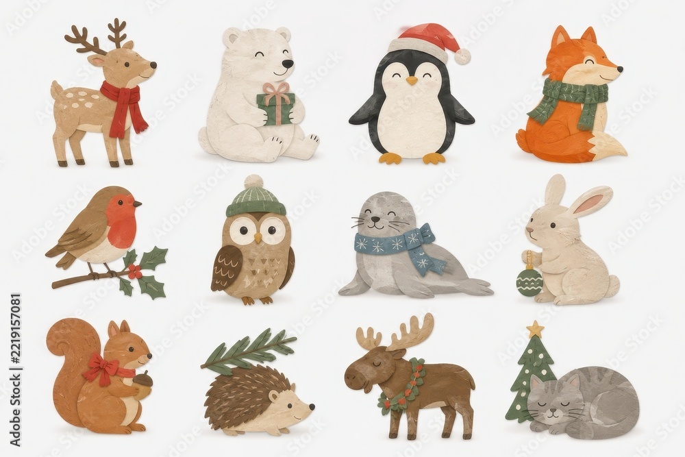 Fototapeta premium Hand drawn woodland animals celebrating Christmas together