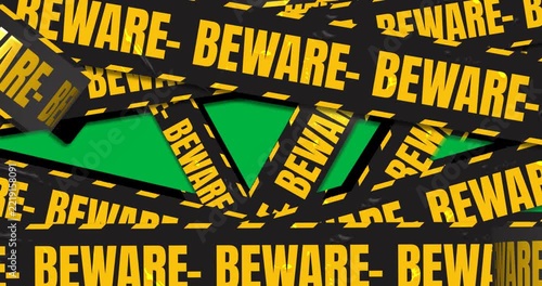 Empty transparent backdrop showing BEWARE tapes entering layering filling scene exiting to warn
