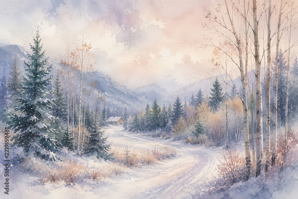 Fototapeta premium Dreamy watercolor winter forest landscape with snowy path