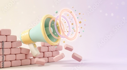 Pastel megaphone breaking through a pink brick wall with confetti for marketing, announcement and communication concept