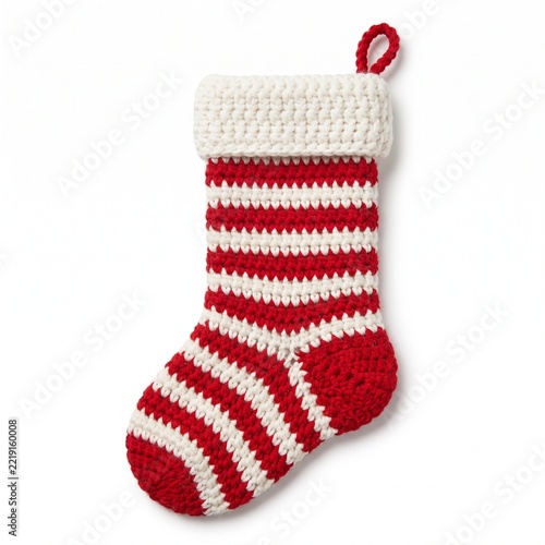 Handmade Crocheted Christmas Stocking with Red White Stripes and Festive Holiday Charm.