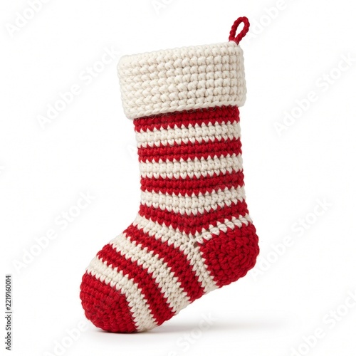 Handmade Crocheted Christmas Stocking with Red White Stripes and Festive Holiday Charm.