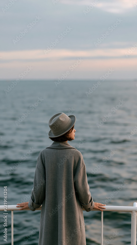 Fototapeta premium a pier, gazing out at the vast expanse of the sea. She wears a long, muted gray coat and a widebrimmed hat, her posture relaxed yet poised. The calm sea reflects the soft hues of the setting sun.