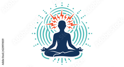 Meditating person silhouette with radiating energy lines and dots vector illustration