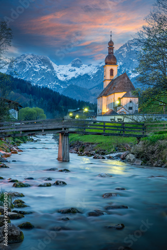 Ramsau St Sebastian Church Mountain River Sunset View