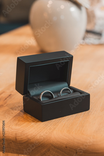 Wedding rings in a box, silver marriage bands white gold jewellery