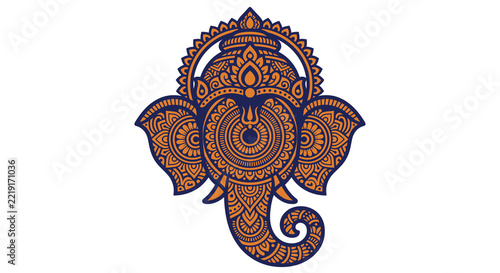 Intricate elephant head illustration with ornamental details on a white background
