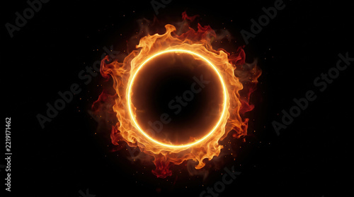Glowing neon ring surrounded by realistic burning fire flames on black background