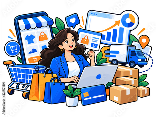 Happy Businesswoman Working on Online Store Management and E-commerce