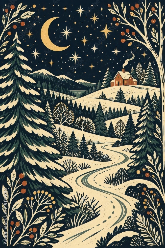 Fototapeta premium Vintage winter night landscape with cottage, moon, stars, pine trees