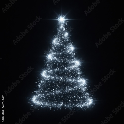 Glowing Christmas tree made of silver sparkles and white light particles with a bright star on top isolated on black background, concept of festive elegance and holiday magic