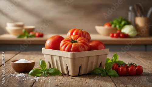 Fresh ribbed heirloom tomatoes in rustic packaging on wooden table