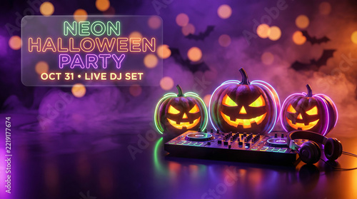 Neon halloween pumpkins glow beside a dj setup with headphones and vibrant party lights.