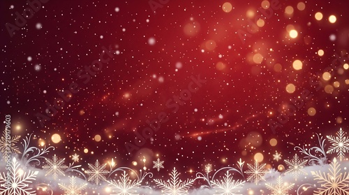 Red festive background with sparkling snowfall effects and decorative white snowflake ornaments along an elegant holiday border